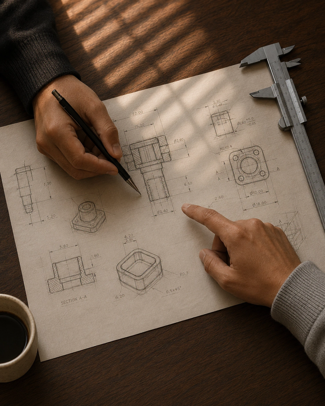 Engineering drawing review representing BaysonTech product ownership and hardware execution planning