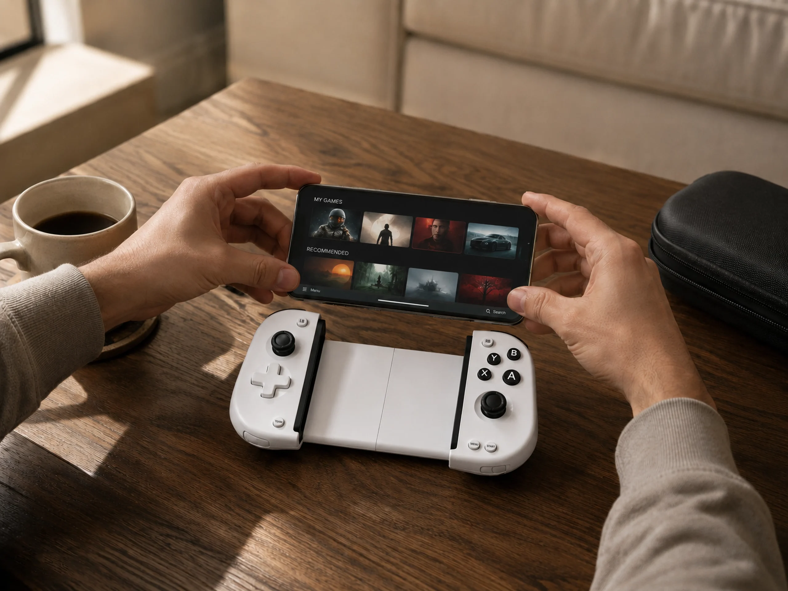 Telescopic mobile gaming controller setup with smartphone