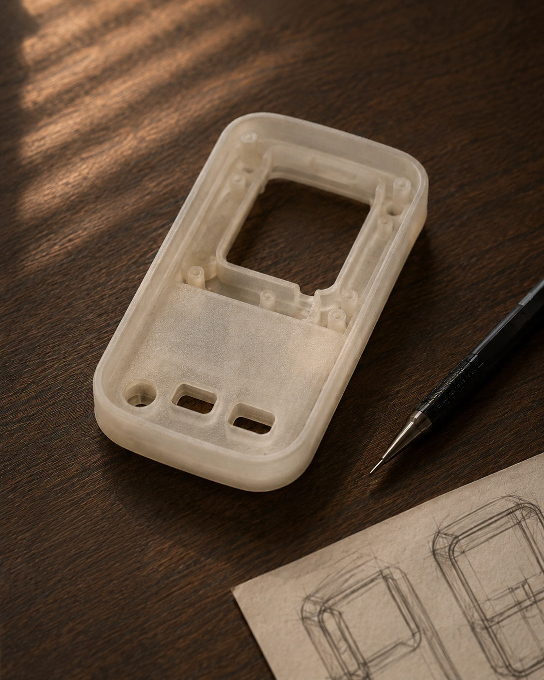 Translucent prototype enclosure used for BaysonTech hardware structure and manufacturing review