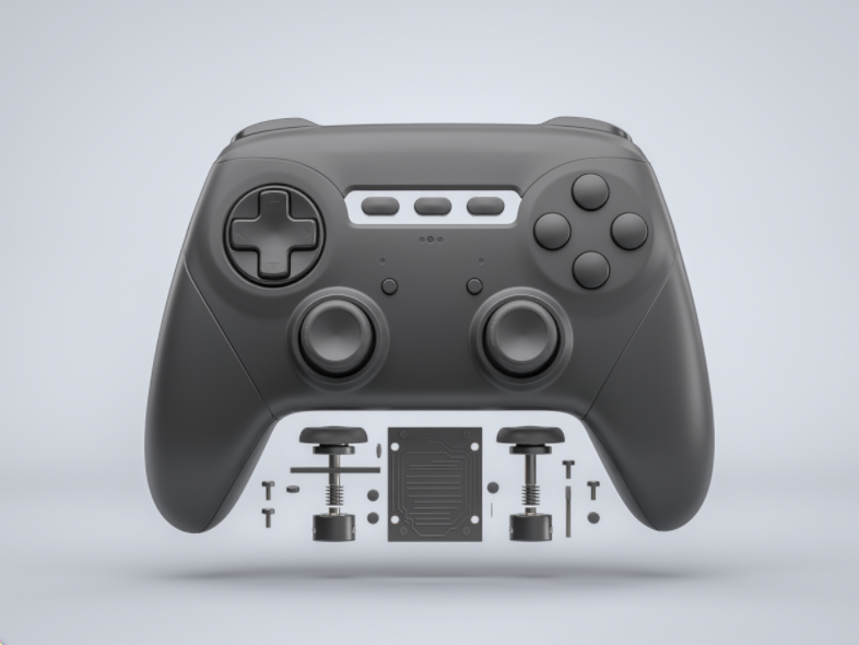 Exploded wireless controller showing DFM review, mechanical structure, PCB placement, and production-readiness planning
