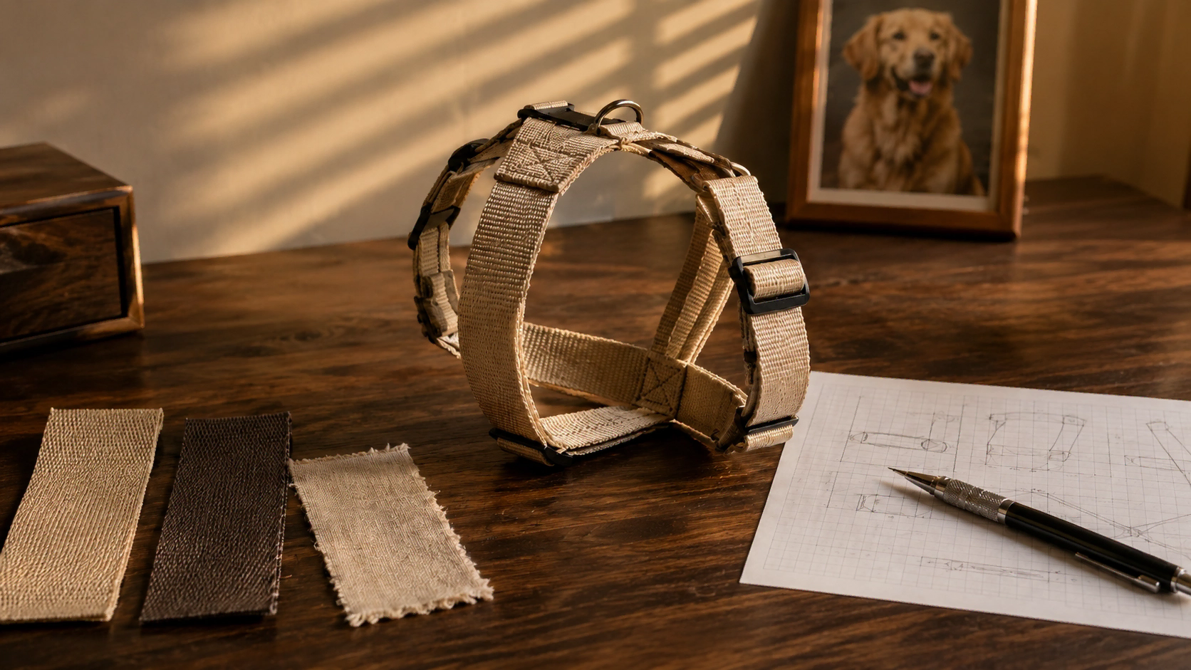 Petium dog harness prototype with material samples and engineering sketches